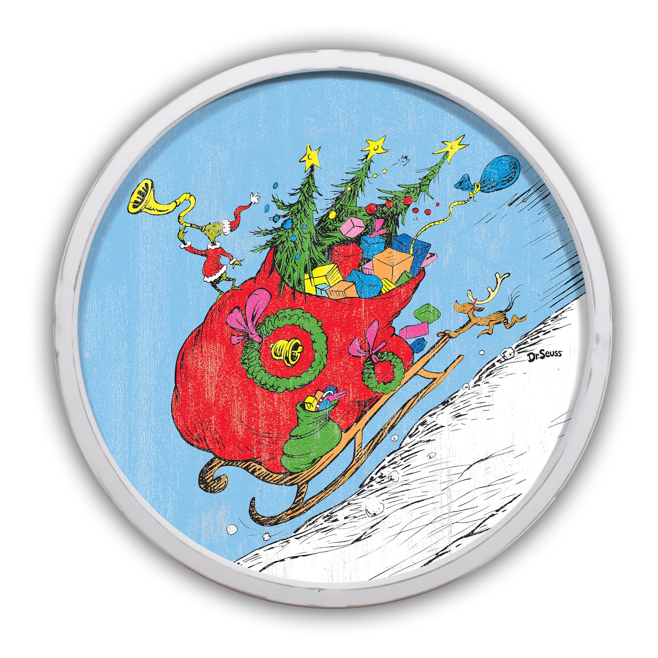 20" The Grinch Riding in Sled Round White Framed Print